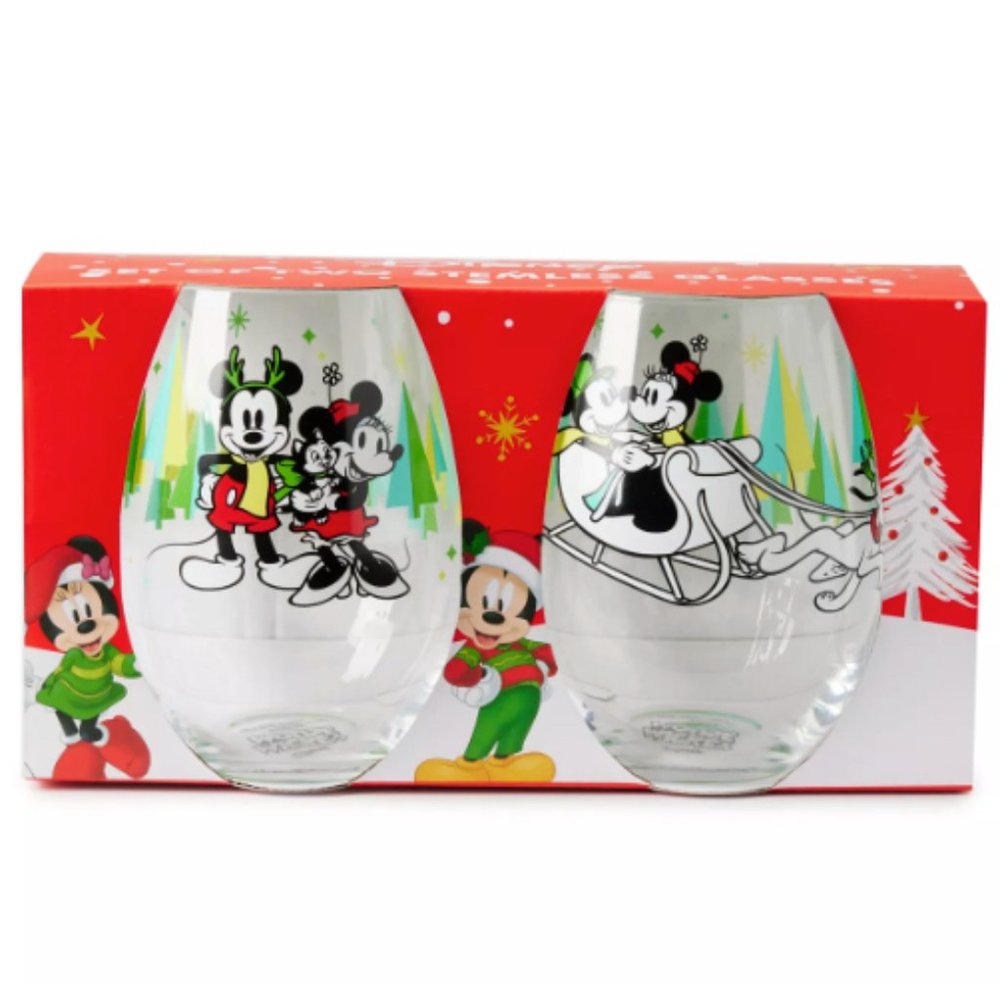 Disney Holiday Magic White & Green Mickey & Minnie 19-Oz. Stemless Wineglasses